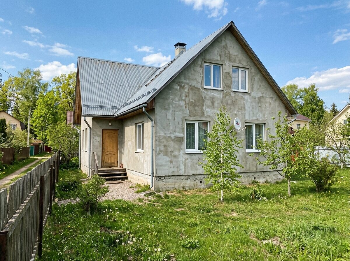 Дом с мансардой под серой штукатуркой